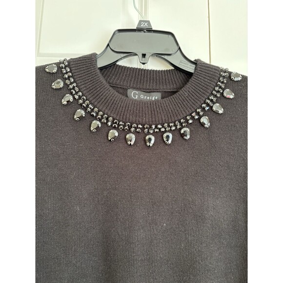 WOMEN'S BLACK JEWELED SWEATER CREW NECK LONG SLEEVE KNIT SIZE 2X G GREIGE - Picture 7 of 10